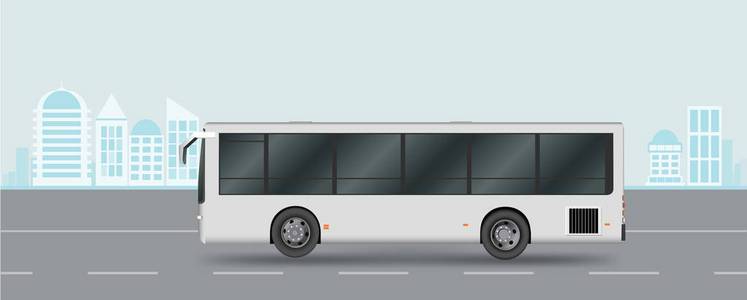 公交上城市公交车在道路上.旅客运输.